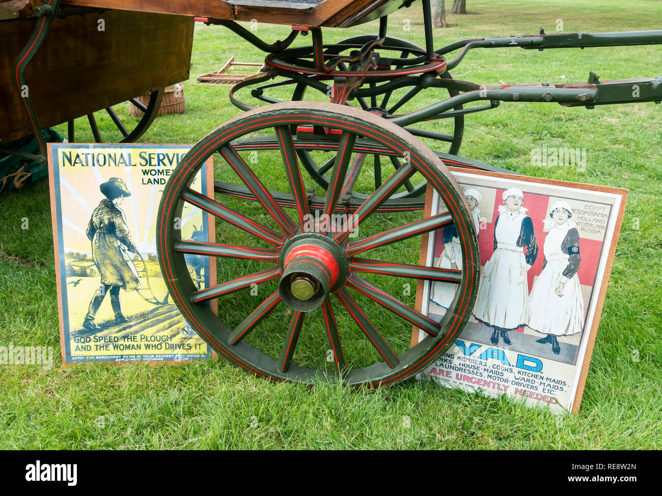 First World War recruitment posters for Women`s Land Army and Voluntary Aid Detachment nurses. Stock Photo